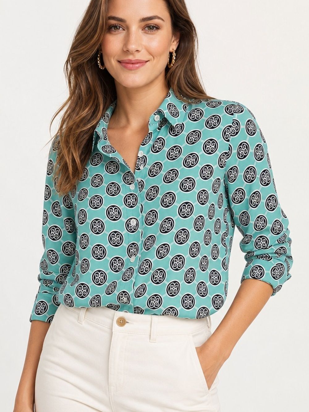 Lulu B Aqua Geo Print Stretch Button Front Shirt 1X Travel Career Blouse Top